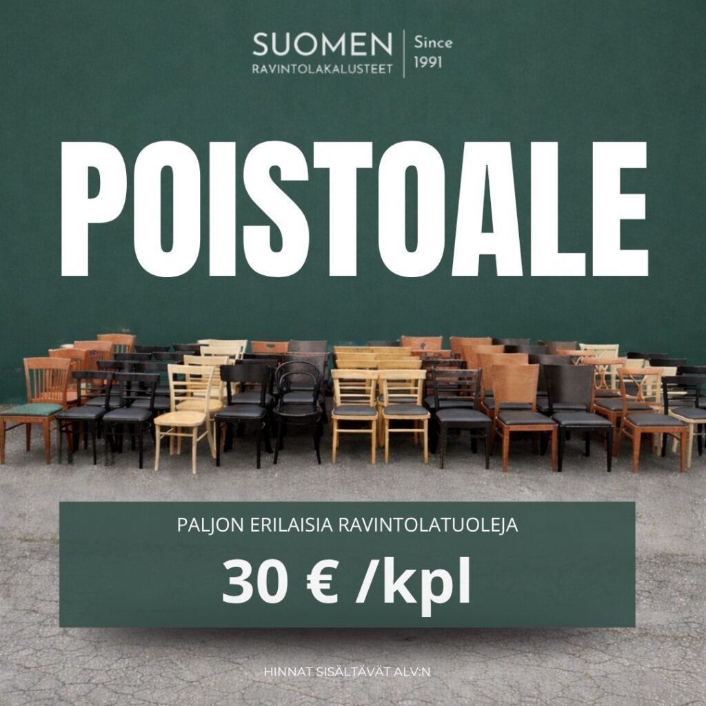 Erilaisia ravintolatuoleja myynnissä alennuksessa
